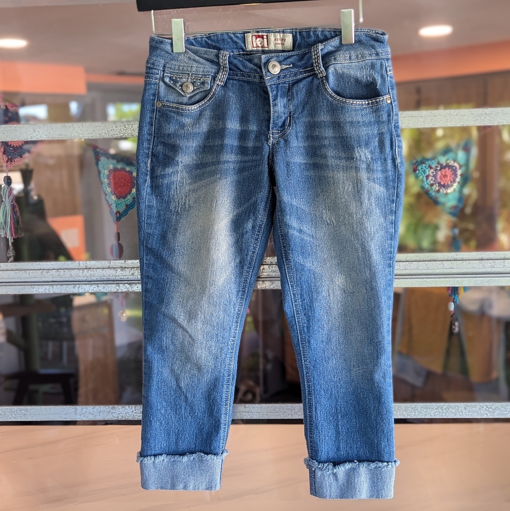 Vintage Y2K LEI Low Rise Capri Jeans Ashley Bling Baddie Blue Jeans Junior 1 - Picture 2 of 16